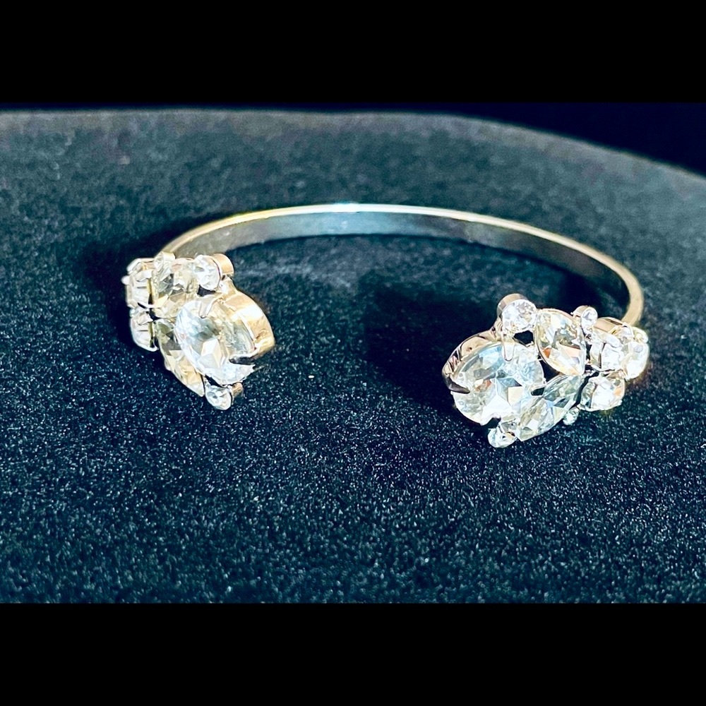 Crystal Beaded & Silver Open Adjustable Bangle Bracelet